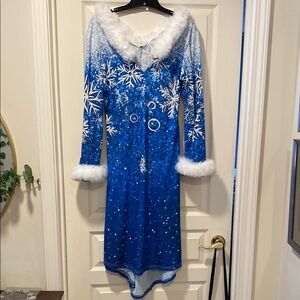 L Blue/White Snowflake High-Low Long Sleeve Dress With Faux Fur Trim